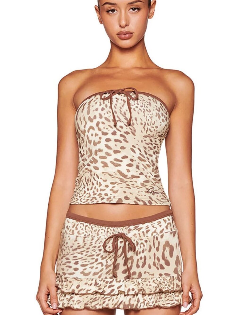 NWT I.AM.GIA Michelle Leopard Ruffle Micro Mini Skort and Boob Tube XS